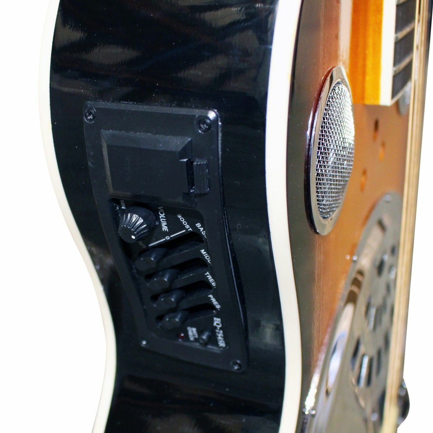 The Axiom Drifter Resonator Guitar by Axiom Music features a sunburst finish, spider cone metal resonator, and two circular sound holes on the body.