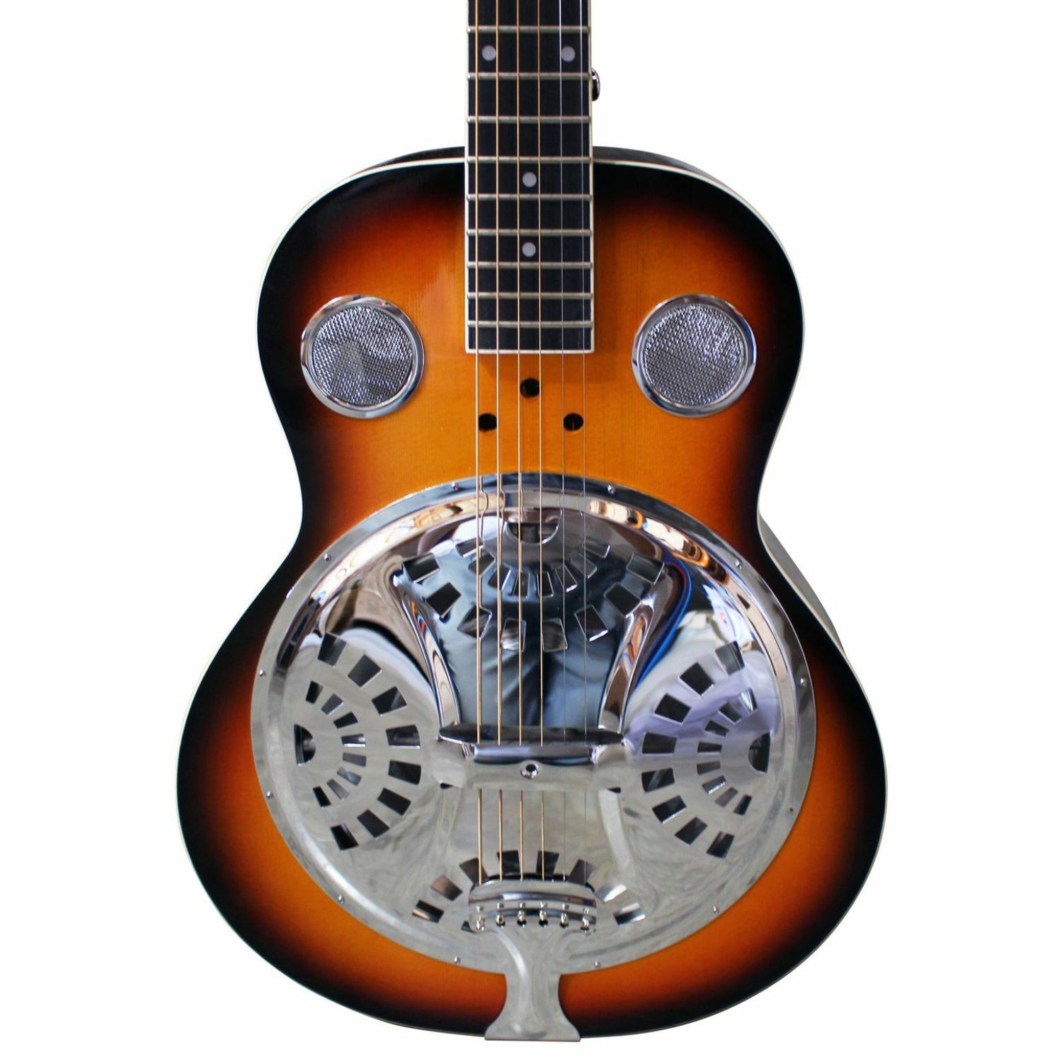The Axiom Drifter Resonator Guitar by Axiom Music features a sunburst finish, spider cone metal resonator, and two circular sound holes on the body.