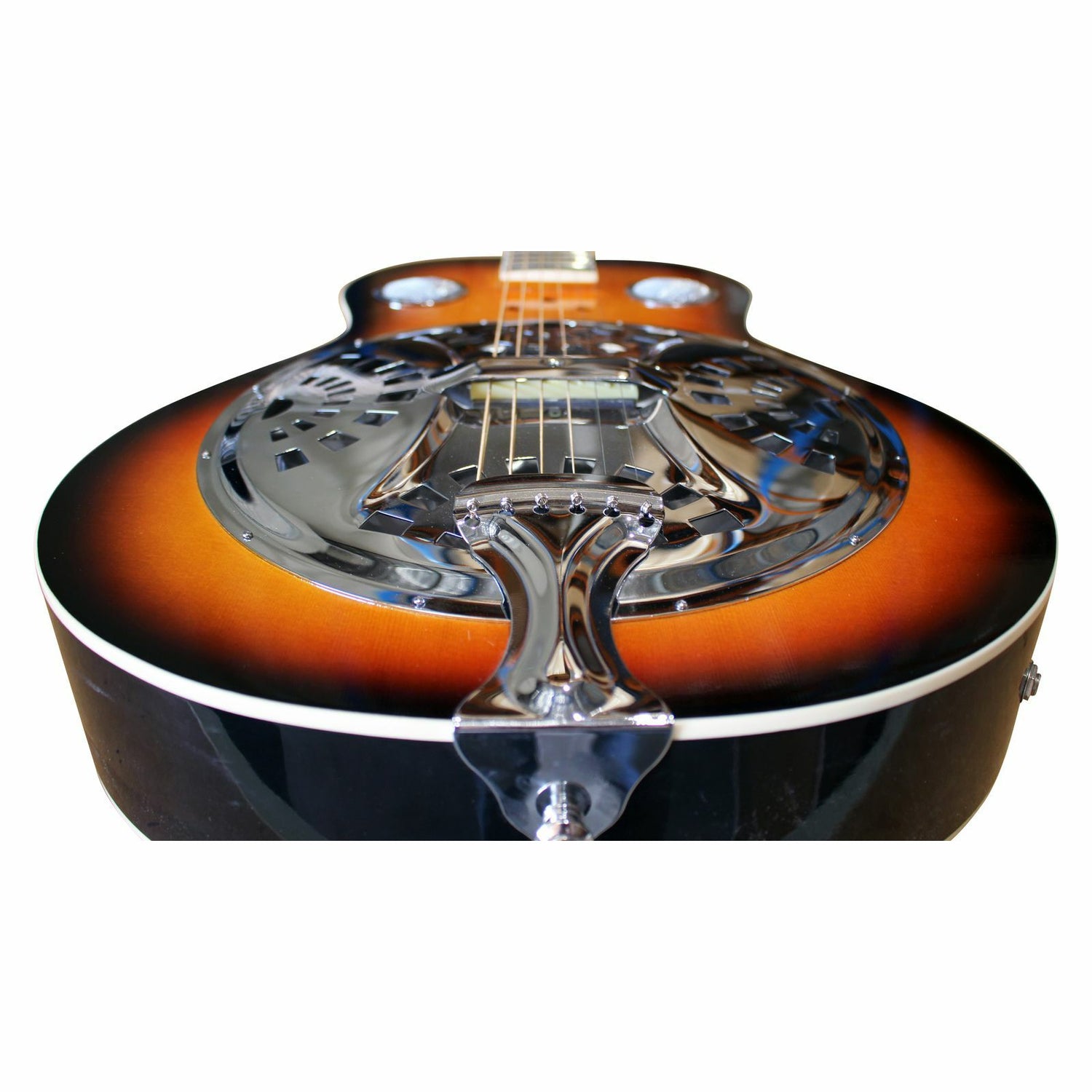 The Axiom Drifter Resonator Guitar by Axiom Music features a sunburst finish, spider cone metal resonator, and two circular sound holes on the body.