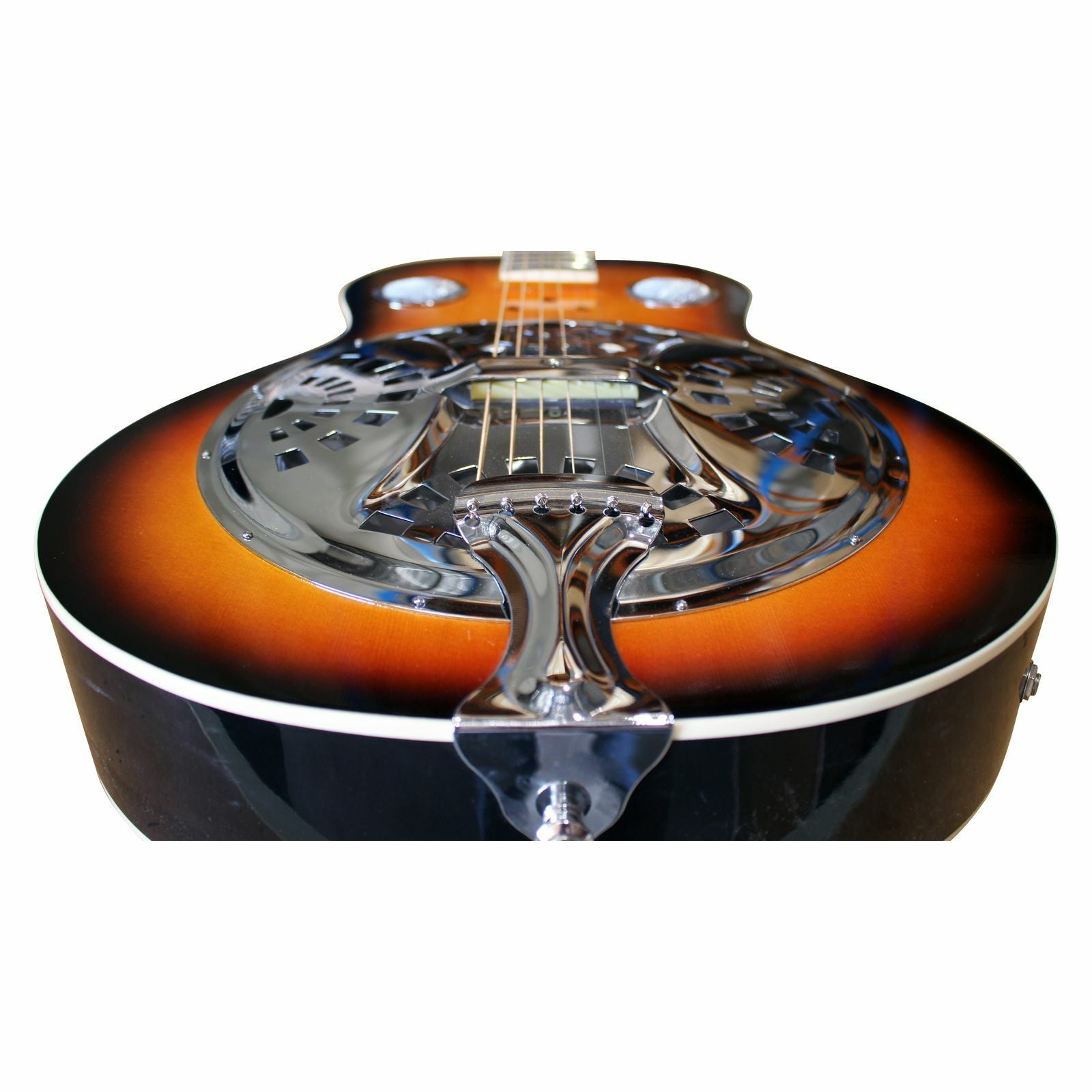 The Axiom Drifter Resonator Guitar by Axiom Music features a sunburst finish, spider cone metal resonator, and two circular sound holes on the body.