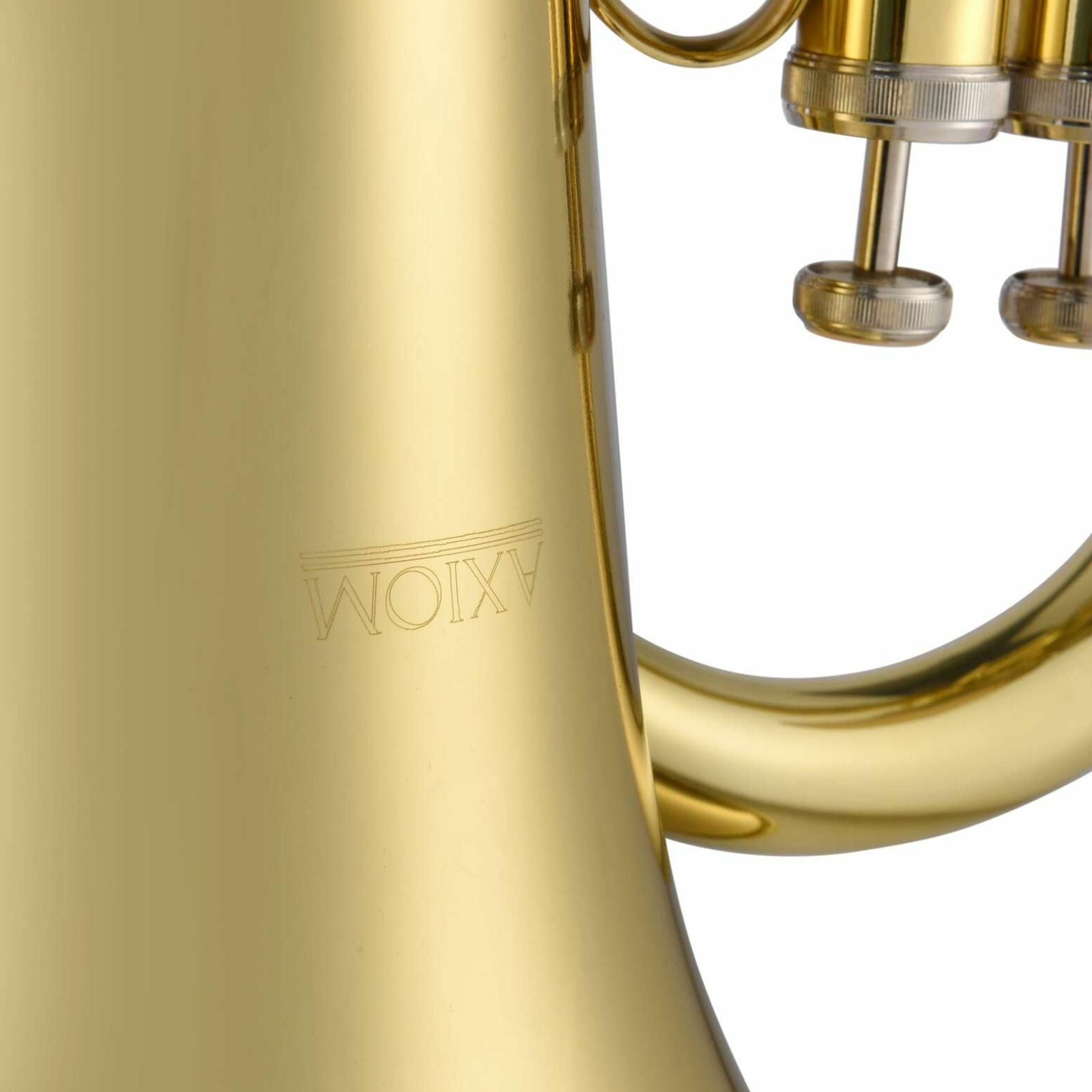 The Axiom Student Euphonium by Axiom Music features a brass body, three stainless steel valves, and a large flared bell, shown against a plain white background.
