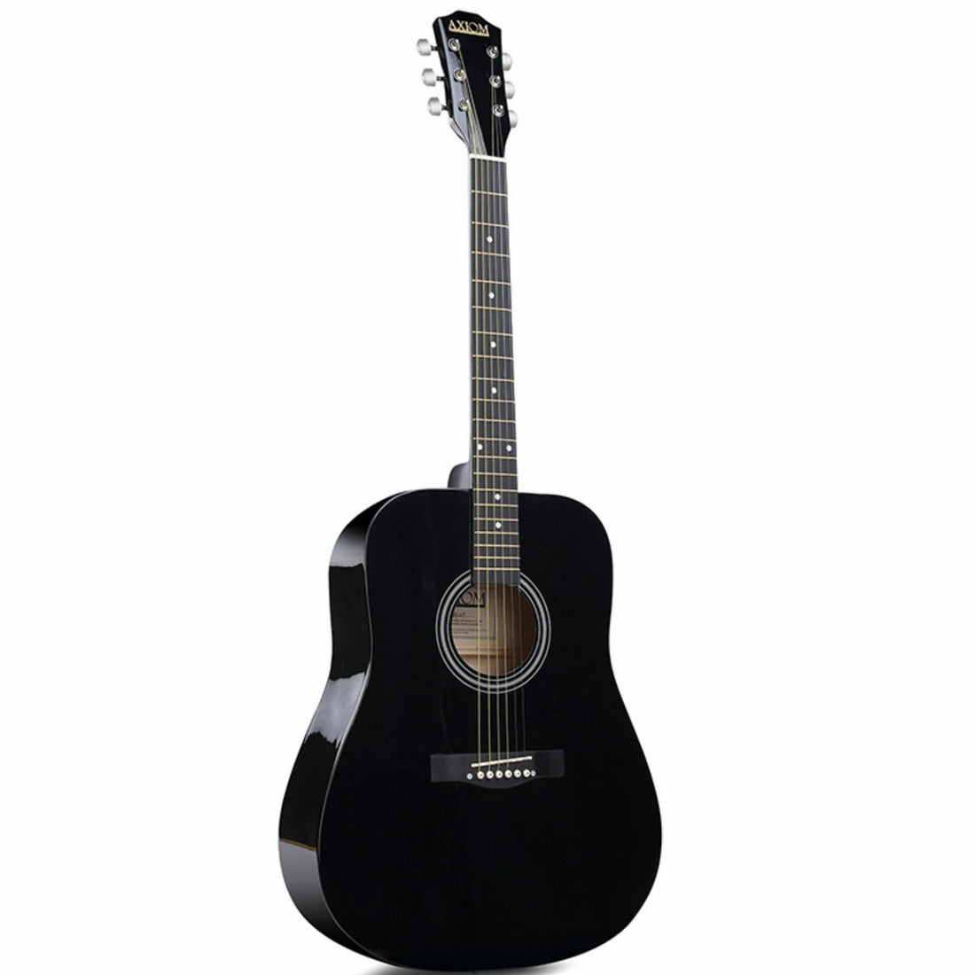 The Axiom Music Axiom Folkmaster Full Size Steel String Guitar in black features a wooden fretboard, six strings, white tuning pegs, and a gloss finish, shown standing upright against a white background.