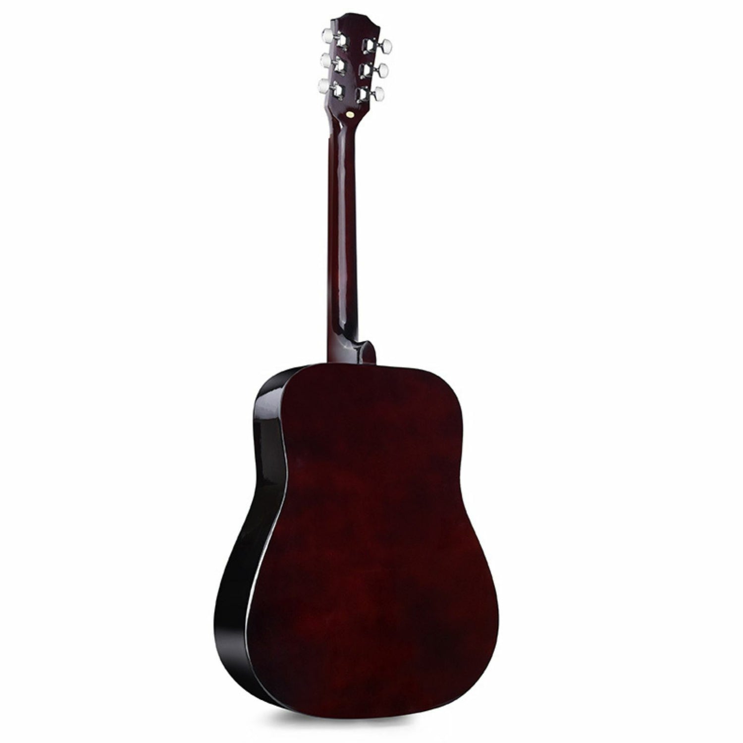 The Axiom Music Folkmaster Full Size Steel String Guitar in Cherry Burst, with a glossy finish and rounded body, stands upright against a white background.