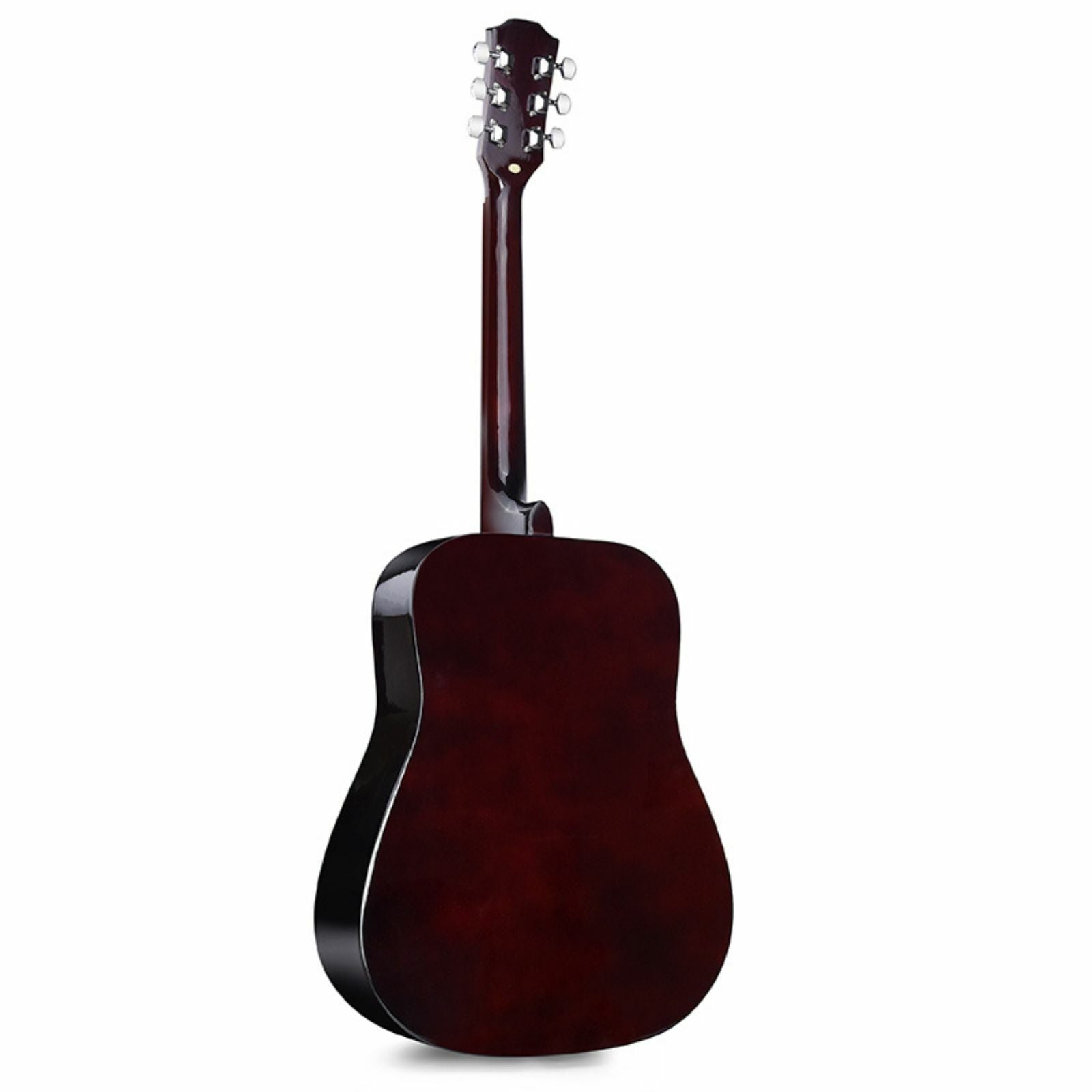 The Axiom Music Folkmaster Full Size Steel String Guitar in Cherry Burst, with a glossy finish and rounded body, stands upright against a white background.