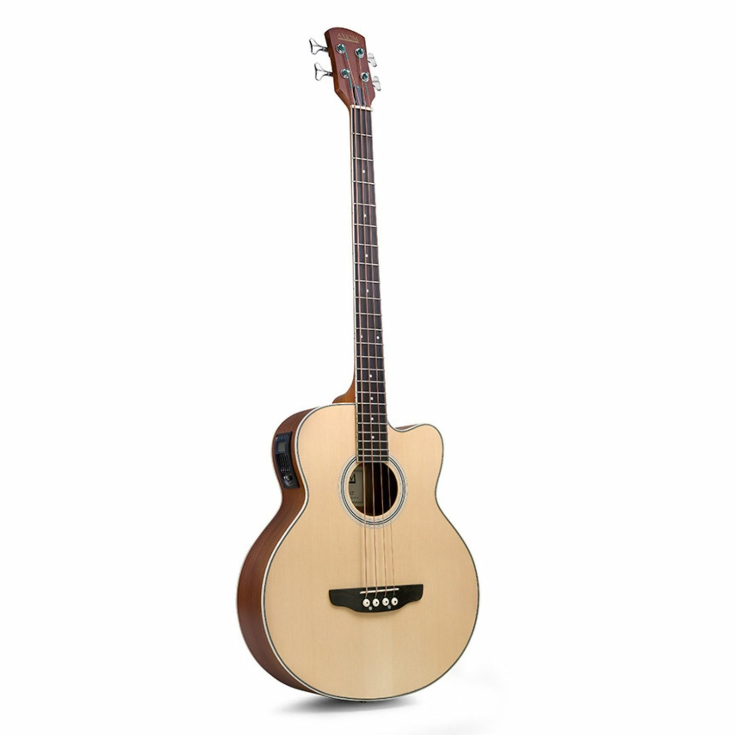 The Axiom Music Axiom Folkmaster Acoustic Bass Guitar features a natural wood finish, cutaway body, four strings, and 4 Band EQ side controls, shown standing upright against a white background.