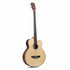 The Axiom Music Axiom Folkmaster Acoustic Bass Guitar features a natural wood finish, cutaway body, four strings, and 4 Band EQ side controls, shown standing upright against a white background.