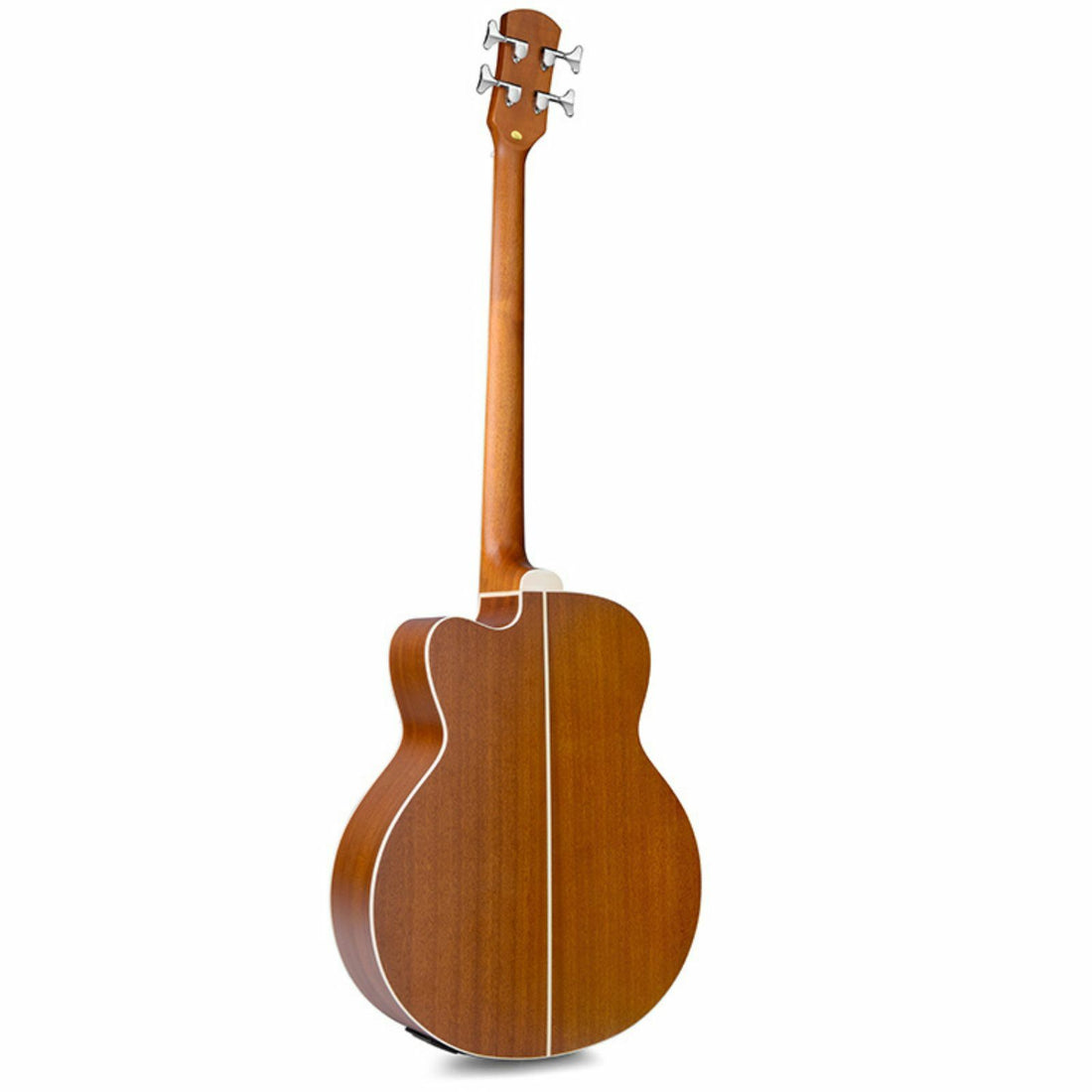 The Axiom Music Axiom Folkmaster Acoustic Bass Guitar features a natural wood finish, cutaway body, four strings, and 4 Band EQ side controls, shown standing upright against a white background.