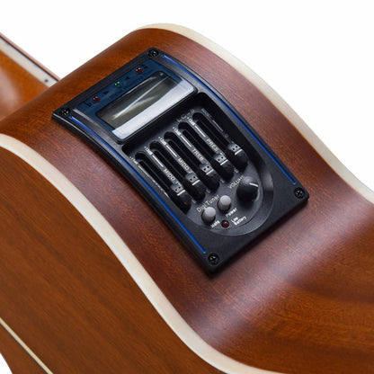 The Axiom Music Axiom Folkmaster Acoustic Bass Guitar features a natural wood finish, cutaway body, four strings, and 4 Band EQ side controls, shown standing upright against a white background.