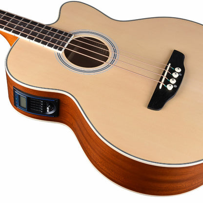 The Axiom Music Axiom Folkmaster Acoustic Bass Guitar features a natural wood finish, cutaway body, four strings, and 4 Band EQ side controls, shown standing upright against a white background.