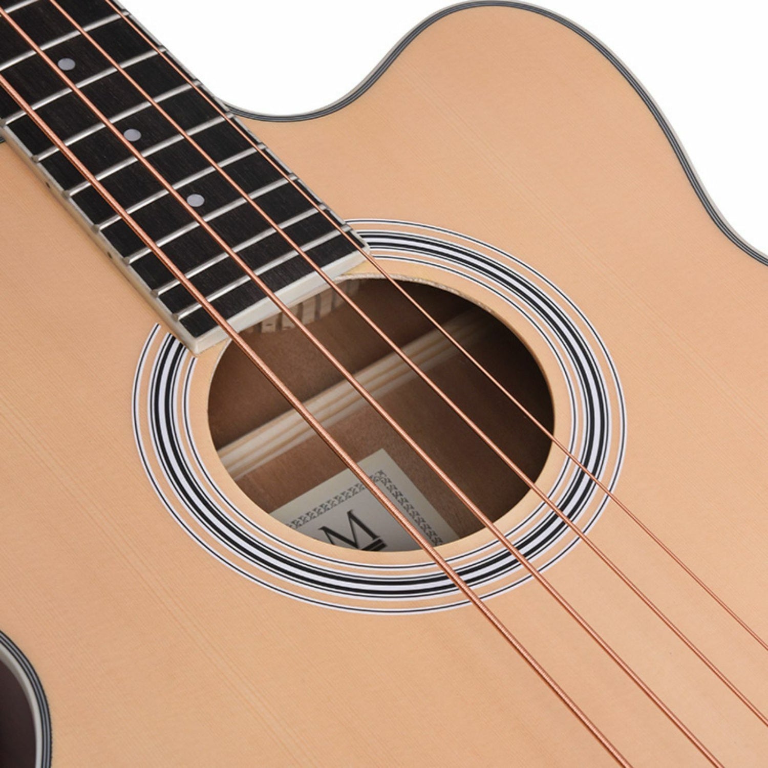 The Axiom Music Axiom Folkmaster Acoustic Bass Guitar features a natural wood finish, cutaway body, four strings, and 4 Band EQ side controls, shown standing upright against a white background.