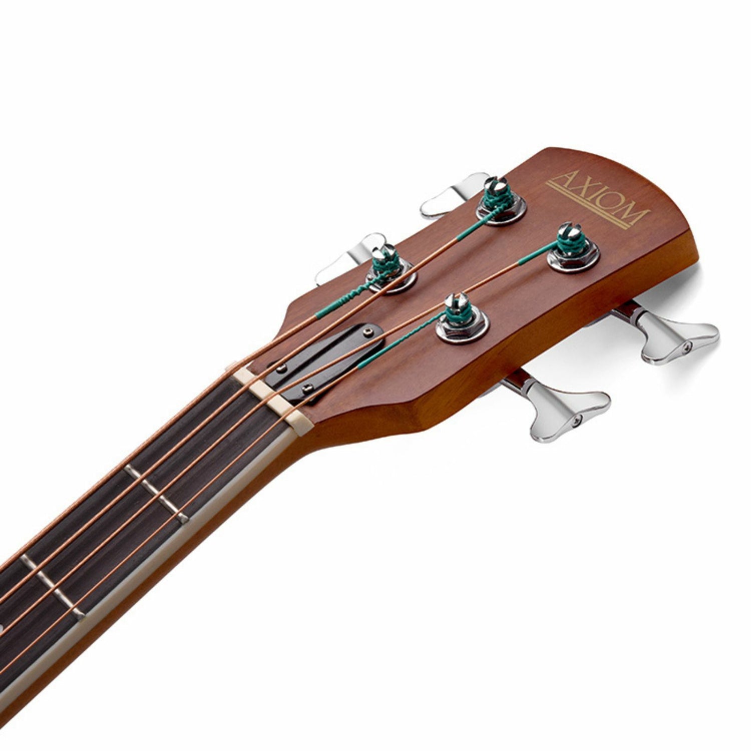 The Axiom Music Axiom Folkmaster Acoustic Bass Guitar features a natural wood finish, cutaway body, four strings, and 4 Band EQ side controls, shown standing upright against a white background.
