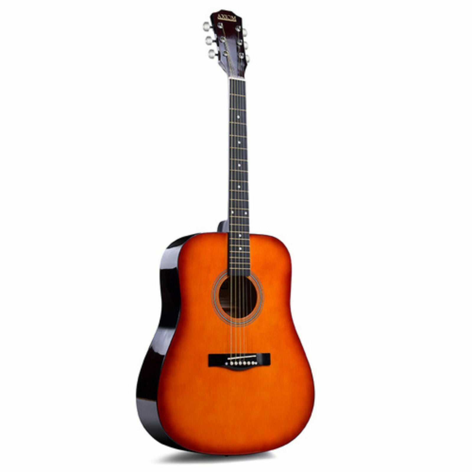 The Axiom Music Folkmaster Full Size Steel String Guitar in Cherry Burst, with a glossy finish and rounded body, stands upright against a white background.