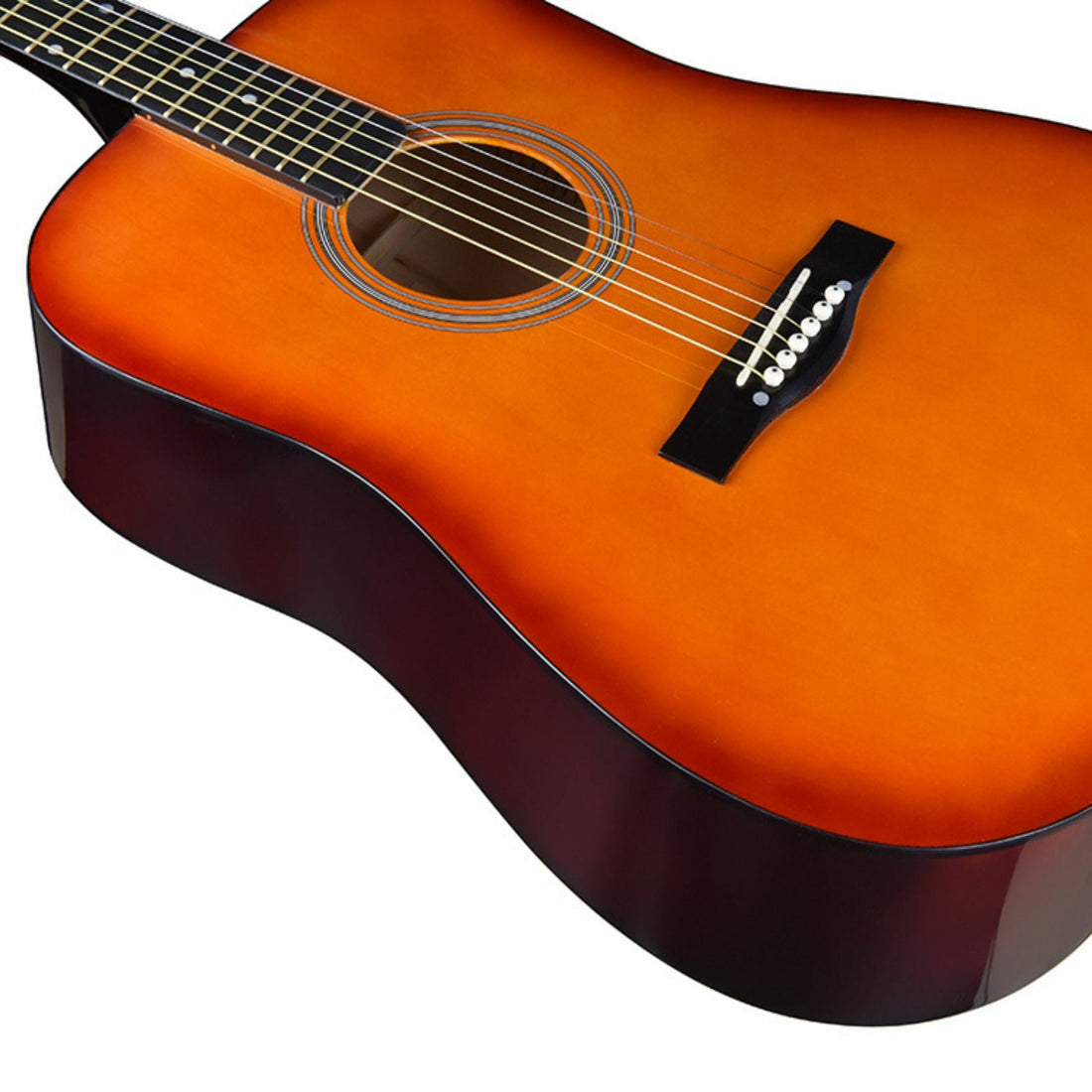 The Axiom Music Folkmaster Full Size Steel String Guitar in Cherry Burst, with a glossy finish and rounded body, stands upright against a white background.