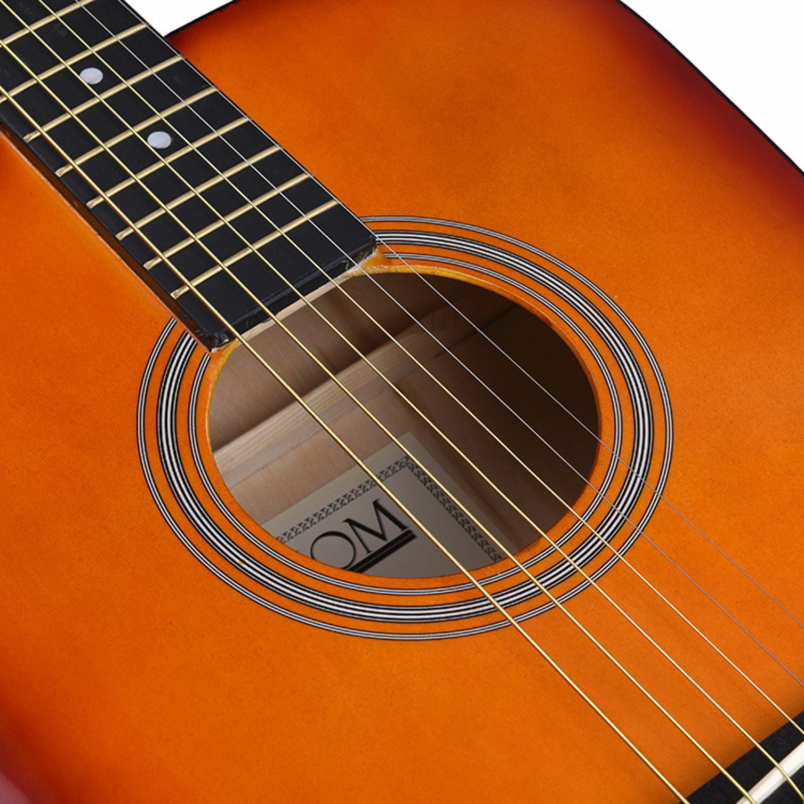 The Axiom Music Folkmaster Full Size Steel String Guitar in Cherry Burst, with a glossy finish and rounded body, stands upright against a white background.