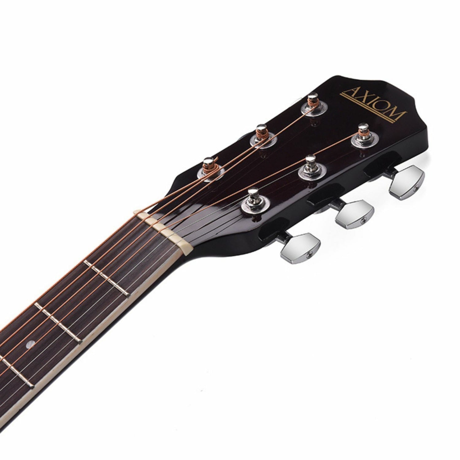 The Axiom Music Folkmaster Full Size Steel String Guitar in Cherry Burst, with a glossy finish and rounded body, stands upright against a white background.