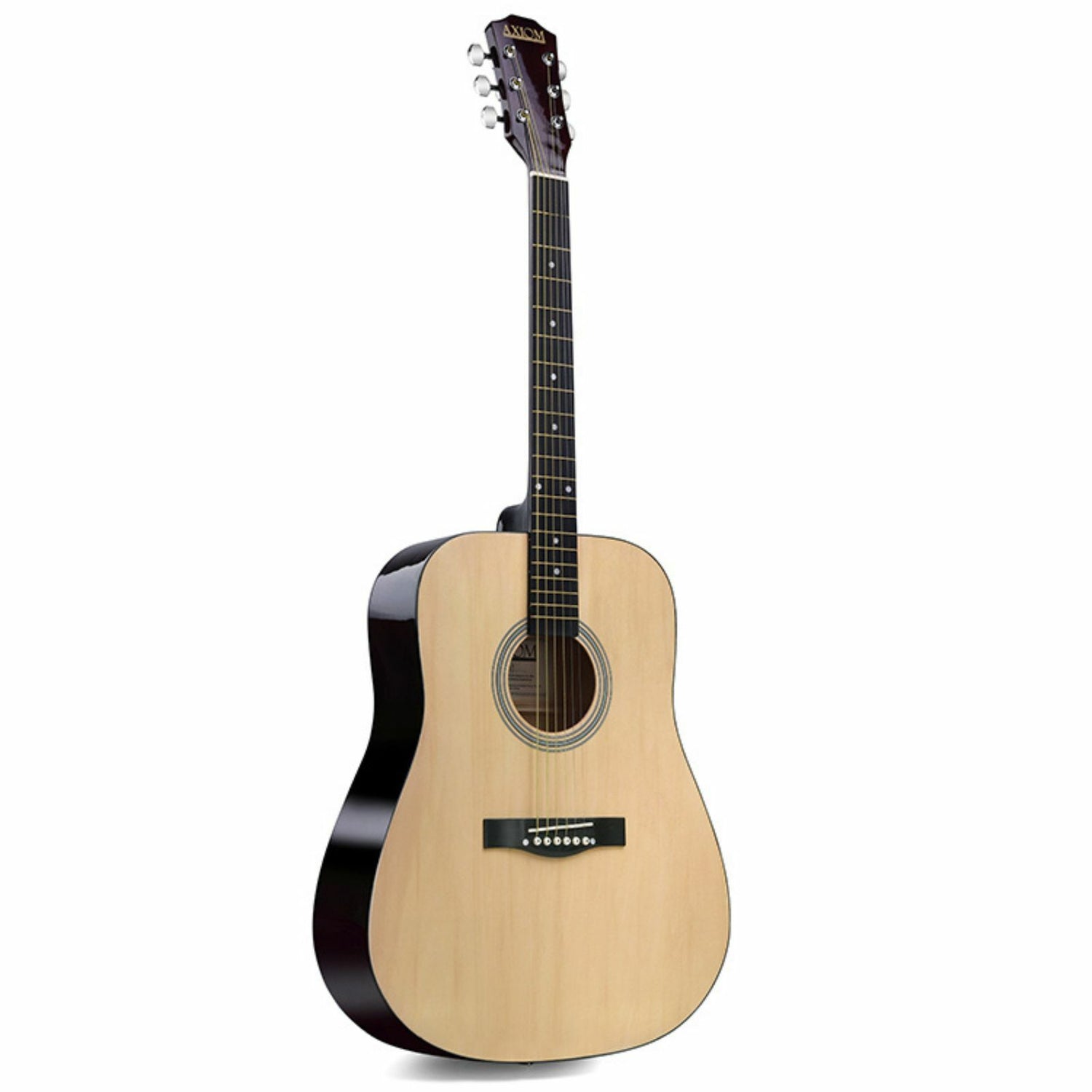 The Axiom Folkmaster Full Size Steel String Guitar by Axiom Music features a light wood top, dark sides, six steel strings, and metal tuning pegs for a rich tone. Crafted from quality timbers, it stands upright against a white background.