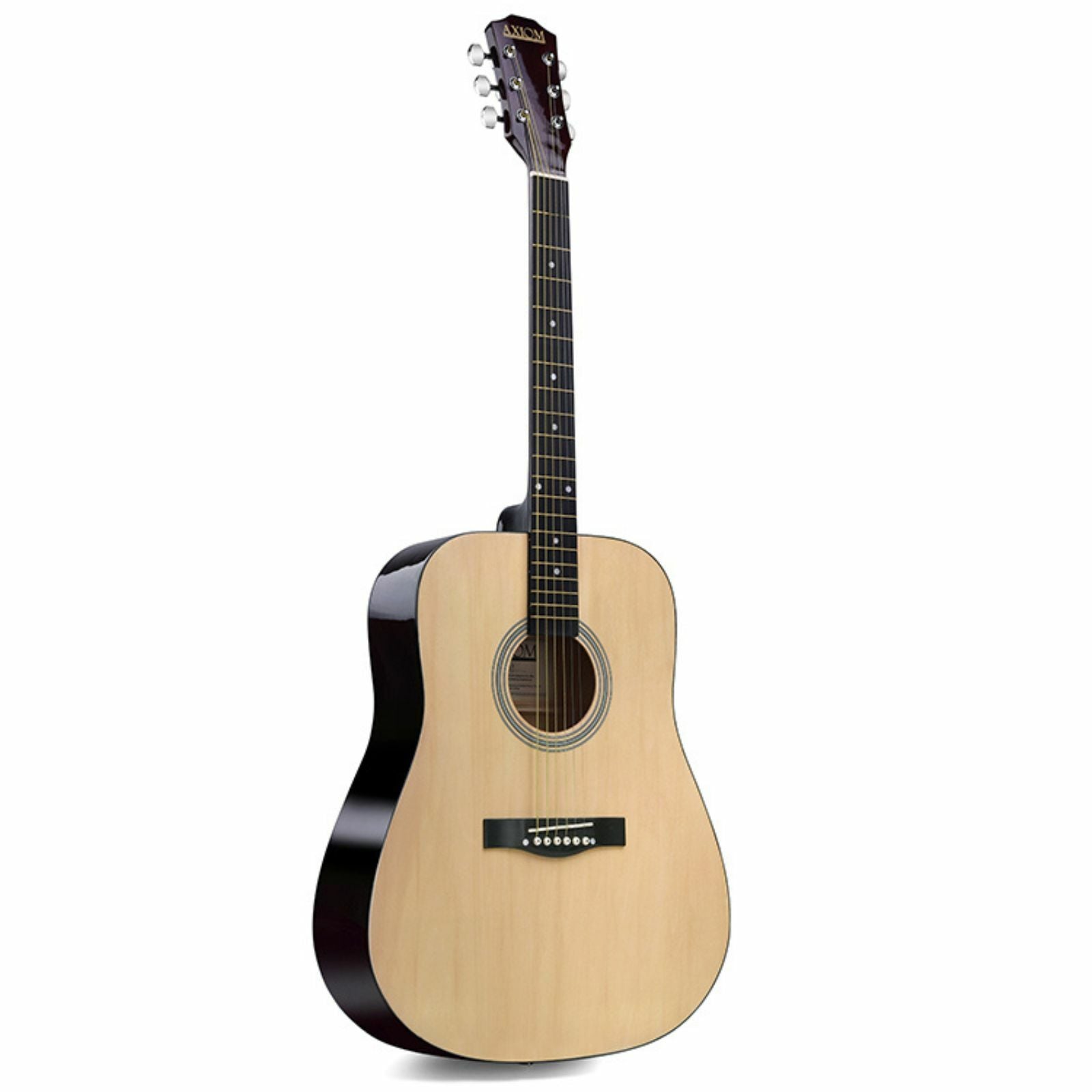 The Axiom Folkmaster Full Size Steel String Guitar by Axiom Music features a light wood top, dark sides, six steel strings, and metal tuning pegs for a rich tone. Crafted from quality timbers, it stands upright against a white background.