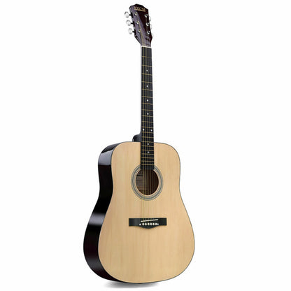 The Axiom Folkmaster Full Size Steel String Guitar by Axiom Music features a light wood top, dark sides, six steel strings, and metal tuning pegs for a rich tone. Crafted from quality timbers, it stands upright against a white background.