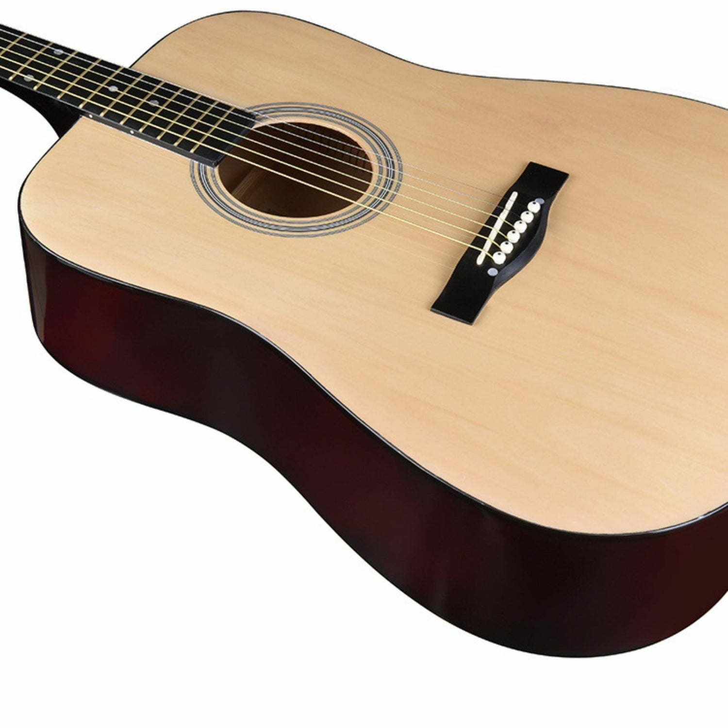 The Axiom Folkmaster Full Size Steel String Guitar by Axiom Music features a light wood top, dark sides, six steel strings, and metal tuning pegs for a rich tone. Crafted from quality timbers, it stands upright against a white background.