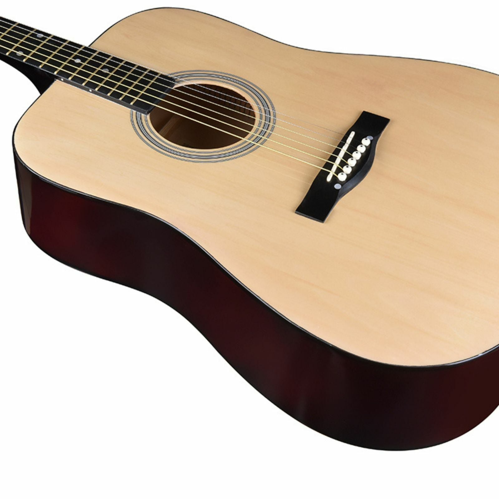 The Axiom Folkmaster Full Size Steel String Guitar by Axiom Music features a light wood top, dark sides, six steel strings, and metal tuning pegs for a rich tone. Crafted from quality timbers, it stands upright against a white background.