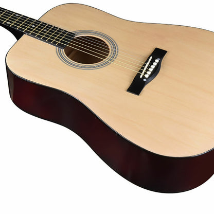 The Axiom Folkmaster Full Size Steel String Guitar by Axiom Music features a light wood top, dark sides, six steel strings, and metal tuning pegs for a rich tone. Crafted from quality timbers, it stands upright against a white background.