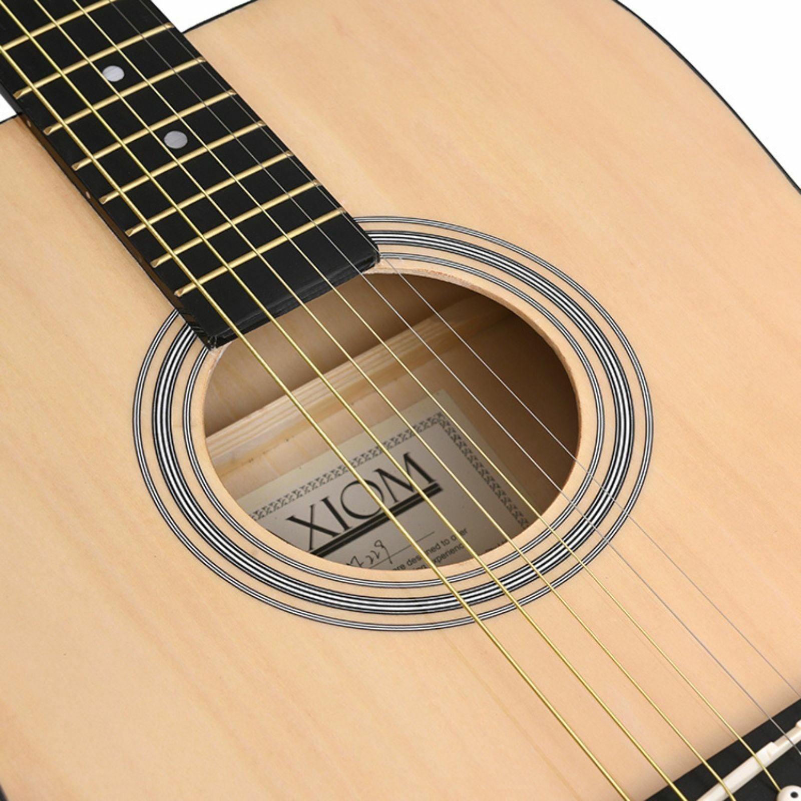 The Axiom Folkmaster Full Size Steel String Guitar by Axiom Music features a light wood top, dark sides, six steel strings, and metal tuning pegs for a rich tone. Crafted from quality timbers, it stands upright against a white background.
