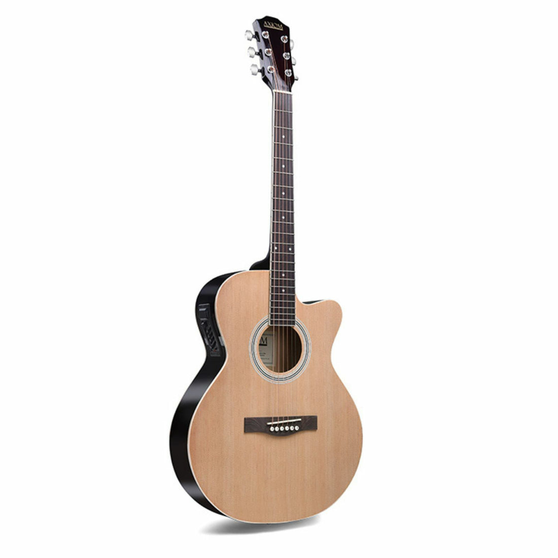 The Axiom Gigmaster Full Size Guitar with Pickup by Axiom Music features a natural finish, six strings, dark fretboard, and white tuning pegs—a quality budget acoustic/electric ideal for musicians.