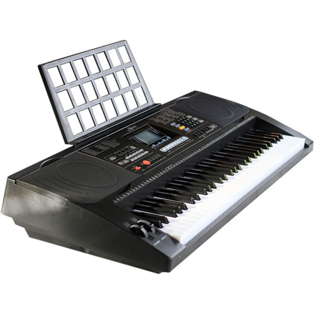 The Axiom Student Beginner Keyboard with Touch Response by Axiom Music features 61 white and black keys, control buttons, speakers, a sheet music stand, and intelligent teaching functions.
