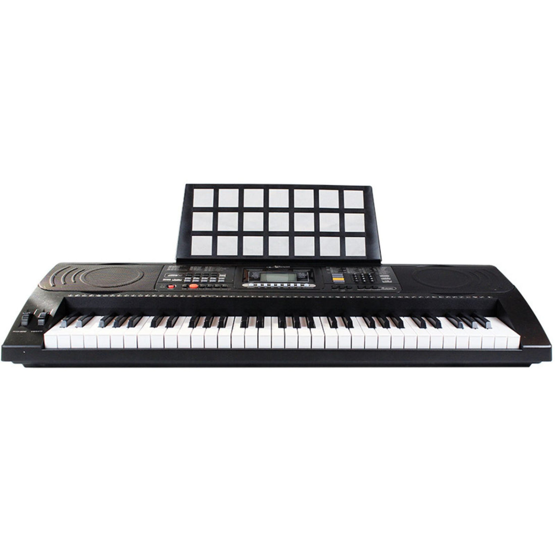 The Axiom Student Beginner Keyboard with Touch Response by Axiom Music features 61 white and black keys, control buttons, speakers, a sheet music stand, and intelligent teaching functions.