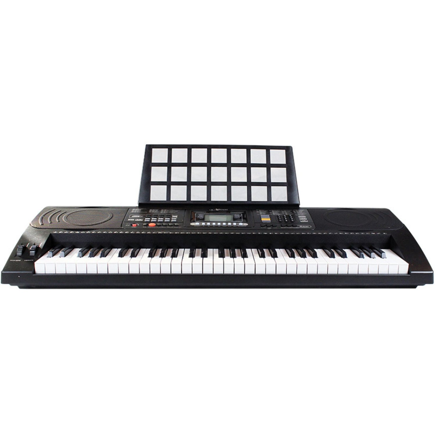 The Axiom Student Beginner Keyboard with Touch Response by Axiom Music features 61 white and black keys, control buttons, speakers, a sheet music stand, and intelligent teaching functions.