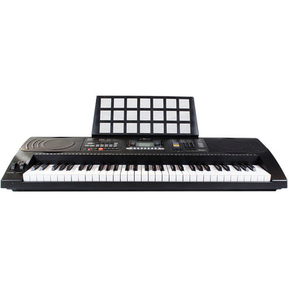 The Axiom Student Beginner Keyboard with Touch Response by Axiom Music features 61 white and black keys, control buttons, speakers, a sheet music stand, and intelligent teaching functions.