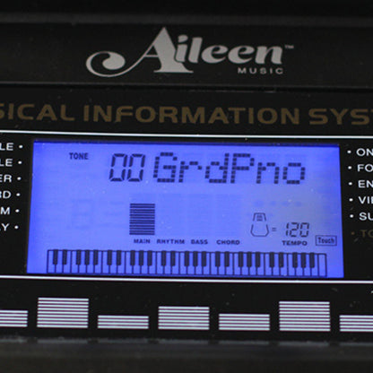 The Axiom Student Beginner Keyboard with Touch Response by Axiom Music features 61 white and black keys, control buttons, speakers, a sheet music stand, and intelligent teaching functions.