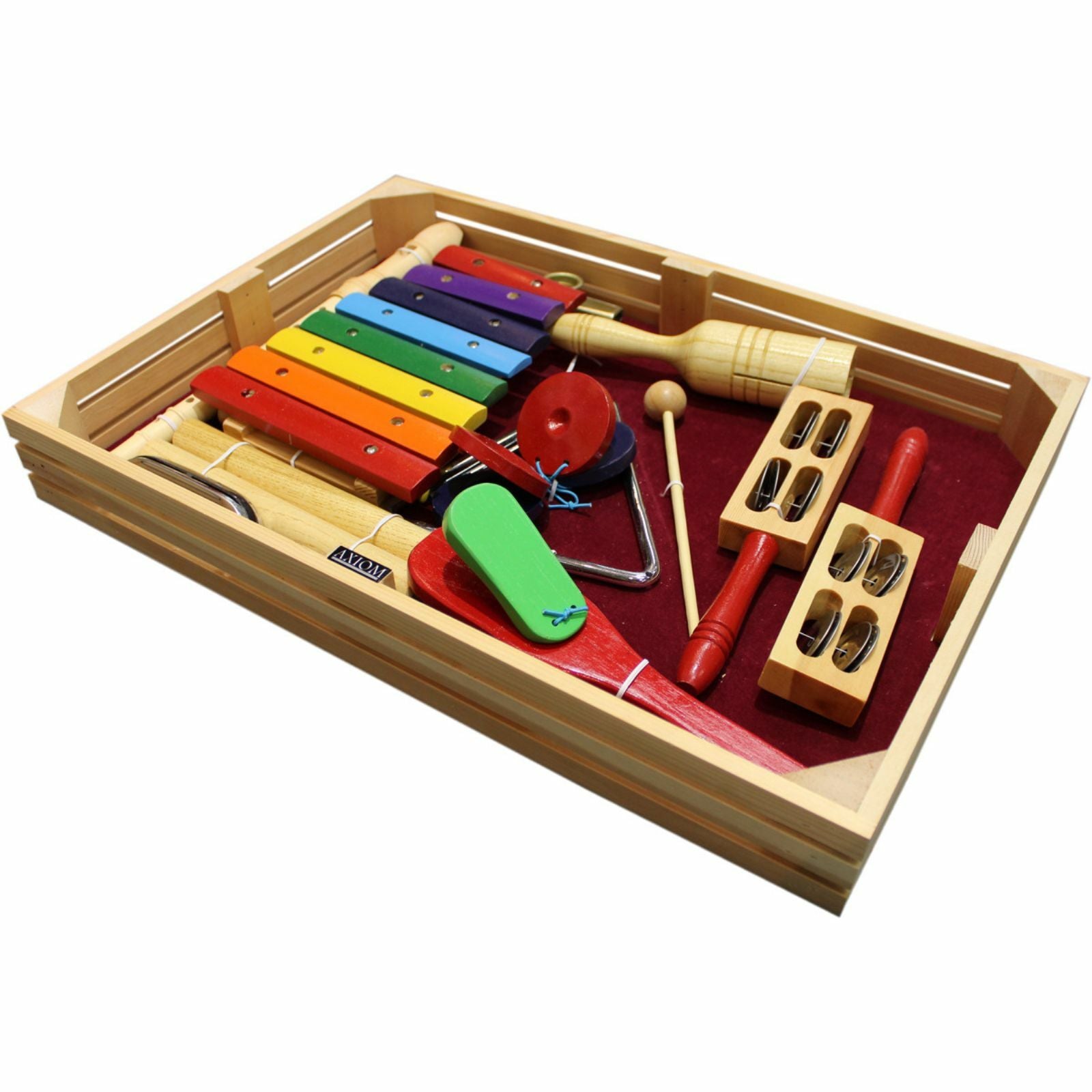 The Axiom Music Childrens Jumbo Sized Music &amp; Percussion Pack comes in a wooden tray and includes a xylophone, maracas, guiro, jingle bells, triangle, and mallets.