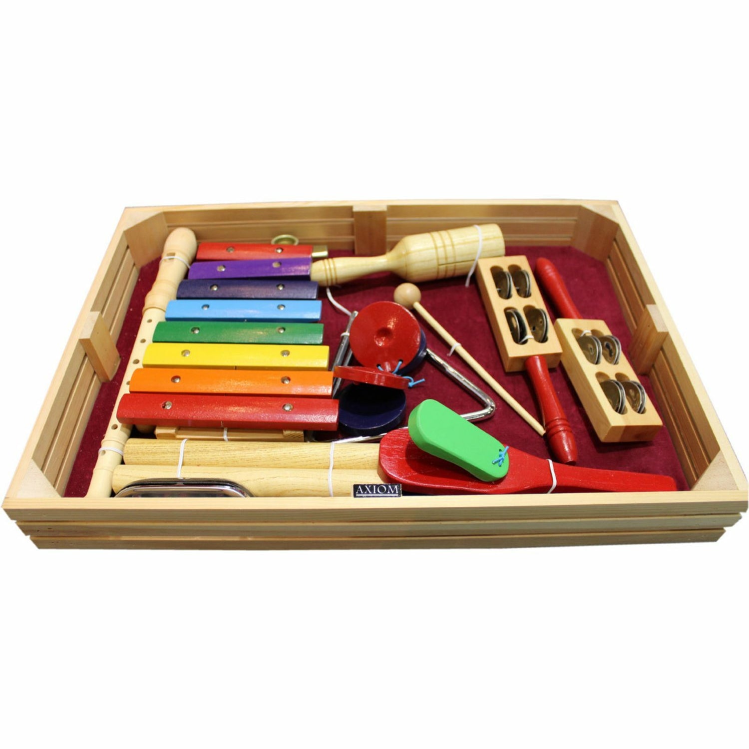 The Axiom Music Childrens Jumbo Sized Music &amp; Percussion Pack comes in a wooden tray and includes a xylophone, maracas, guiro, jingle bells, triangle, and mallets.
