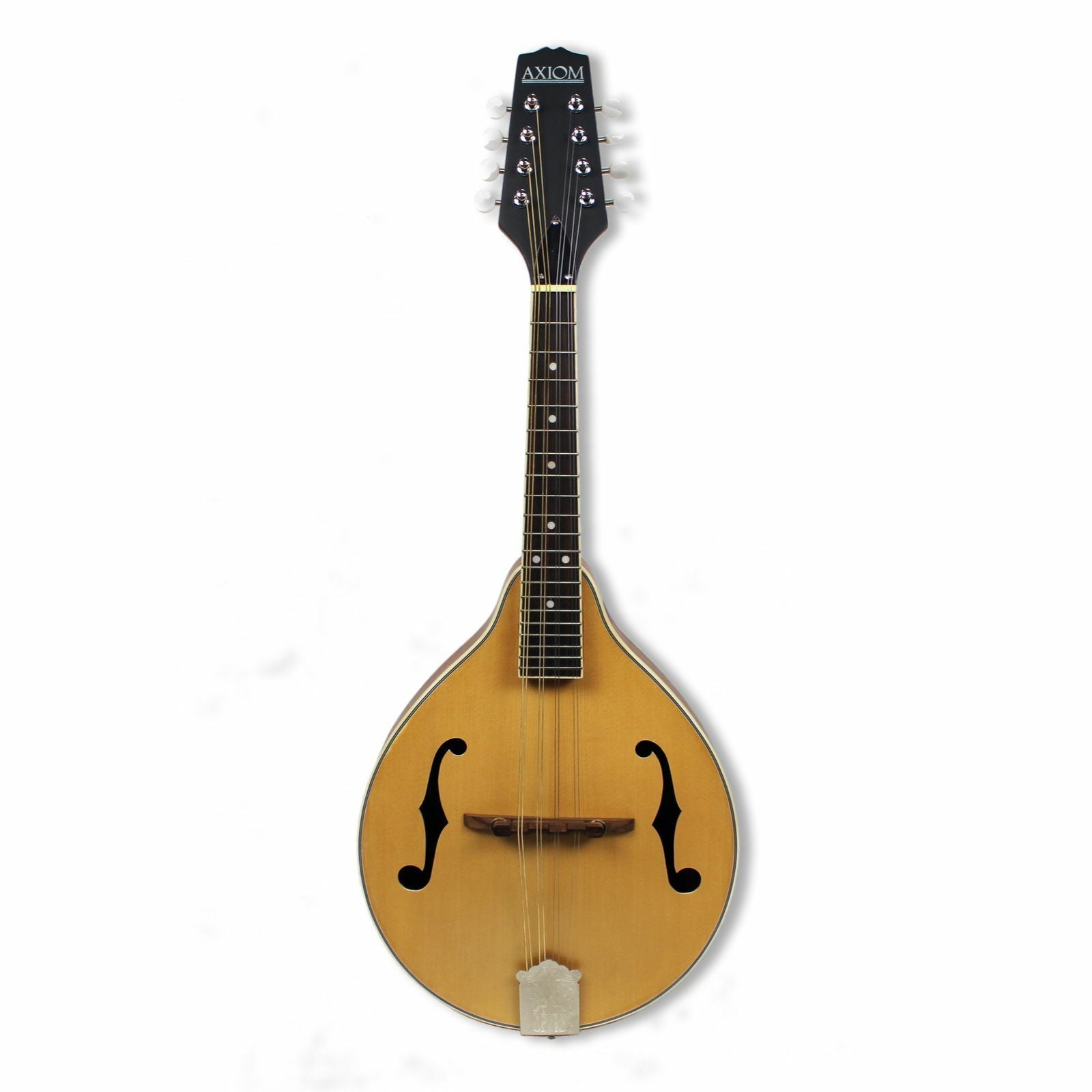 The Axiom Mandolin - A Style by Axiom Music features 8 strings, a light wood body, dark neck, eight tuning pegs, and two f-shaped sound holes. Photographed on a white background. Ideal for producing a bright tone.