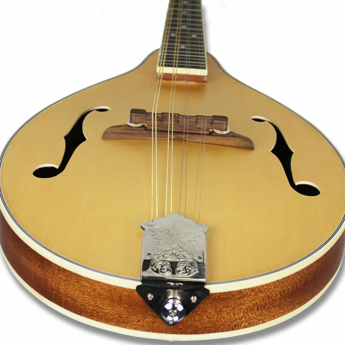 The Axiom Mandolin - A Style by Axiom Music features 8 strings, a light wood body, dark neck, eight tuning pegs, and two f-shaped sound holes. Photographed on a white background. Ideal for producing a bright tone.