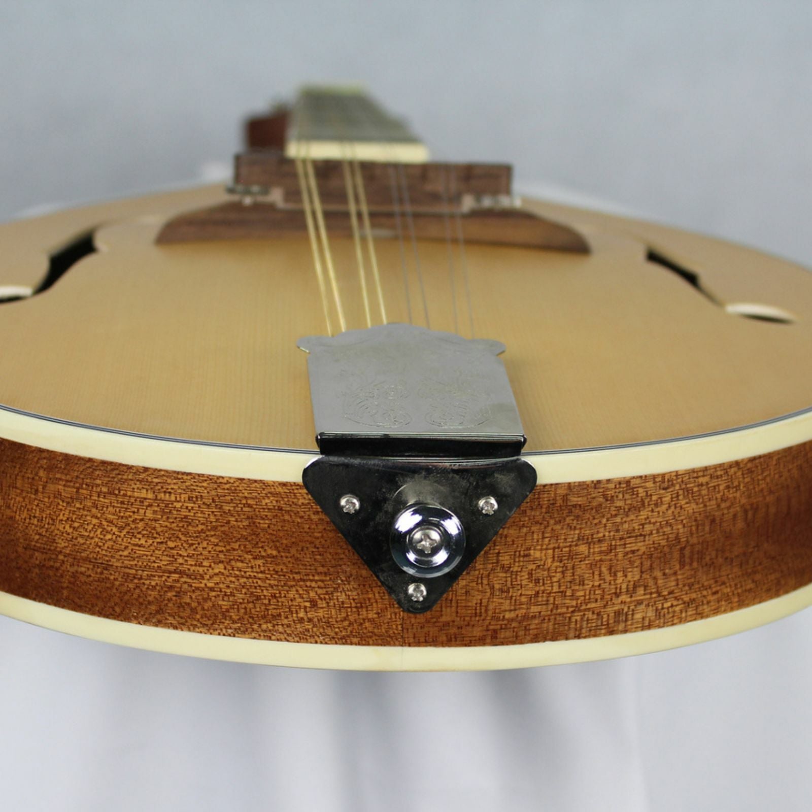 The Axiom Mandolin - A Style by Axiom Music features 8 strings, a light wood body, dark neck, eight tuning pegs, and two f-shaped sound holes. Photographed on a white background. Ideal for producing a bright tone.