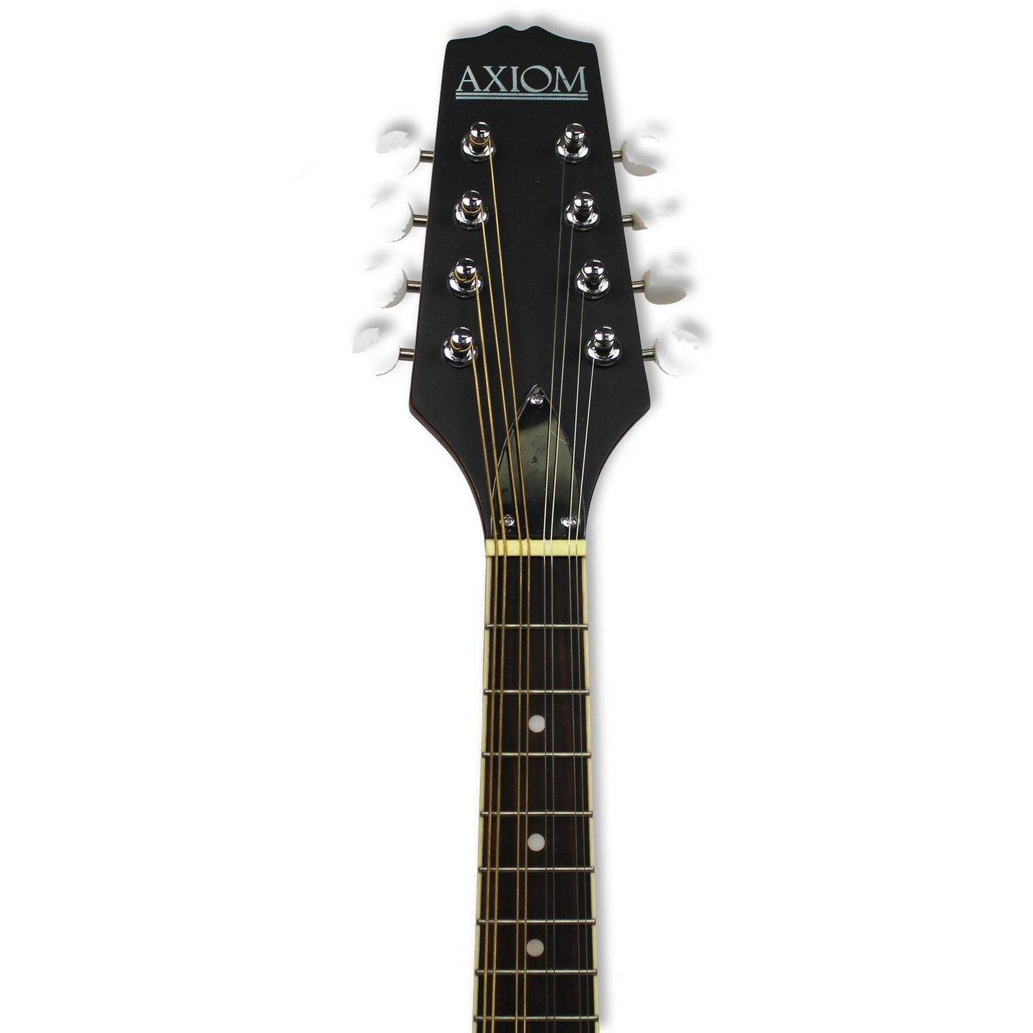 The Axiom Mandolin - A Style by Axiom Music features 8 strings, a light wood body, dark neck, eight tuning pegs, and two f-shaped sound holes. Photographed on a white background. Ideal for producing a bright tone.