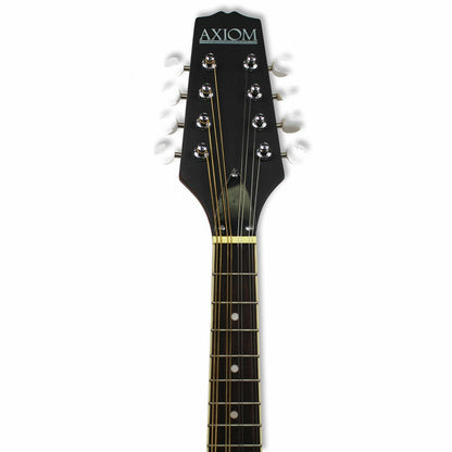 The Axiom Mandolin - A Style by Axiom Music features 8 strings, a light wood body, dark neck, eight tuning pegs, and two f-shaped sound holes. Photographed on a white background. Ideal for producing a bright tone.
