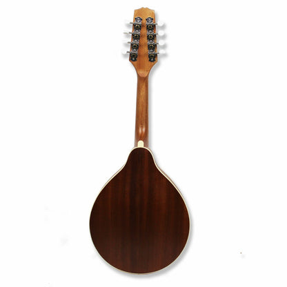 The Axiom Mandolin - A Style by Axiom Music features 8 strings, a light wood body, dark neck, eight tuning pegs, and two f-shaped sound holes. Photographed on a white background. Ideal for producing a bright tone.