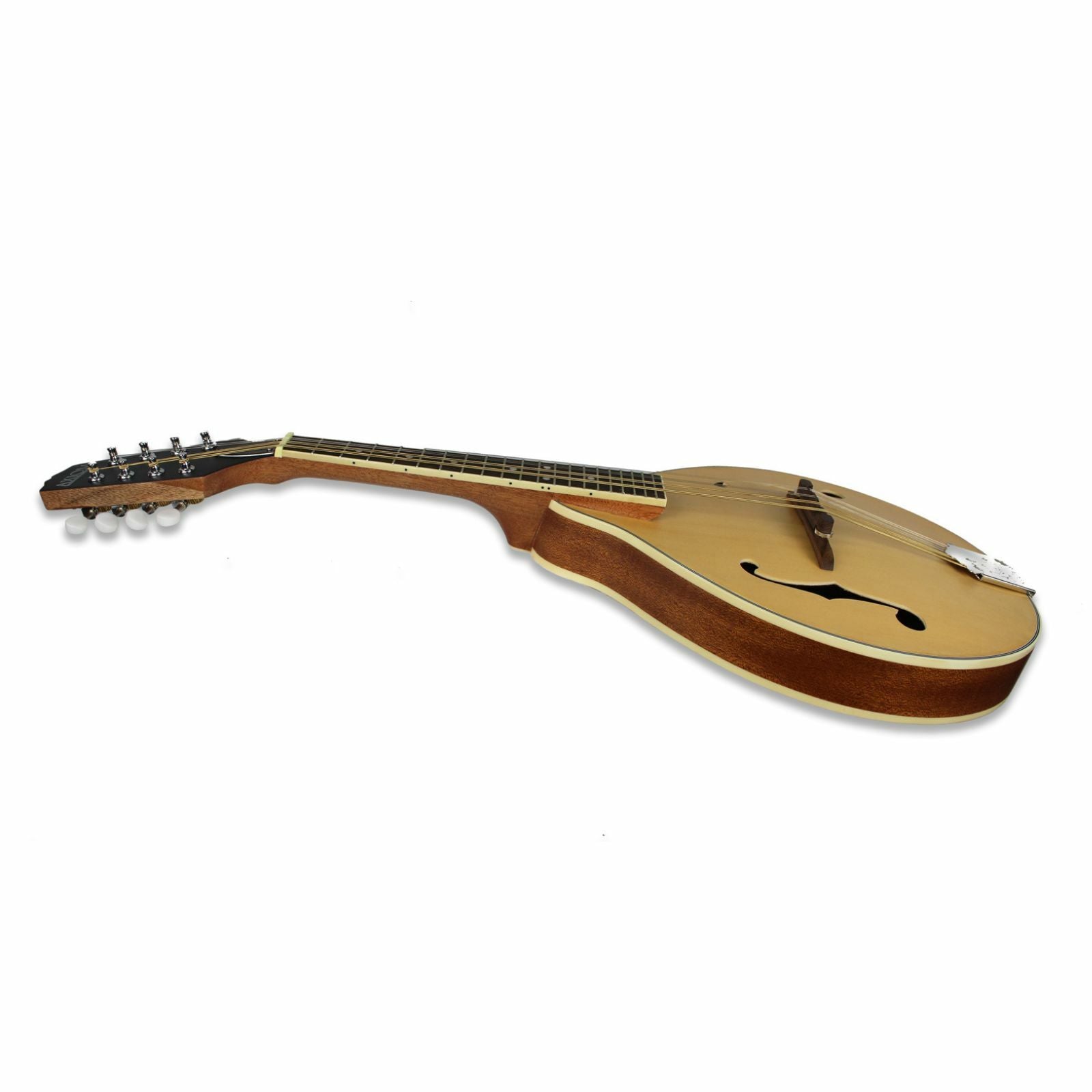 The Axiom Mandolin - A Style by Axiom Music features 8 strings, a light wood body, dark neck, eight tuning pegs, and two f-shaped sound holes. Photographed on a white background. Ideal for producing a bright tone.