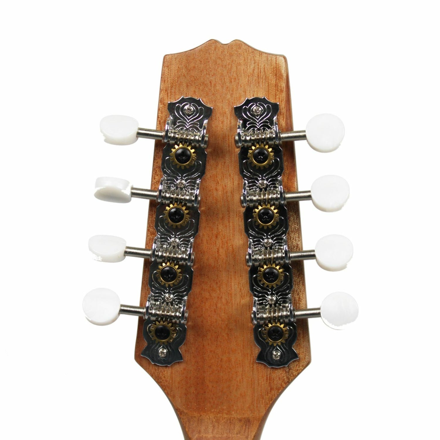 The Axiom Mandolin - A Style by Axiom Music features 8 strings, a light wood body, dark neck, eight tuning pegs, and two f-shaped sound holes. Photographed on a white background. Ideal for producing a bright tone.