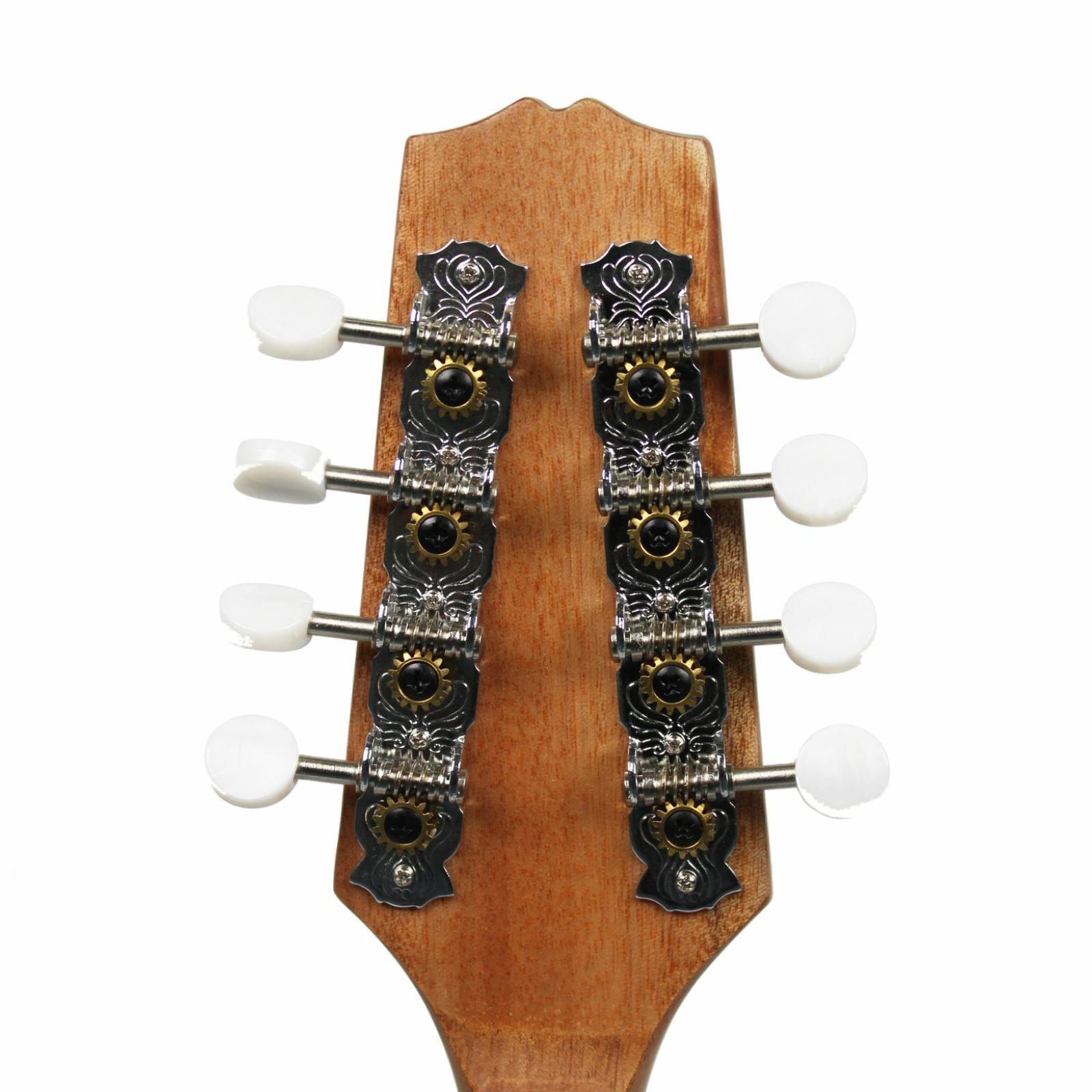 The Axiom Mandolin - A Style by Axiom Music features 8 strings, a light wood body, dark neck, eight tuning pegs, and two f-shaped sound holes. Photographed on a white background. Ideal for producing a bright tone.