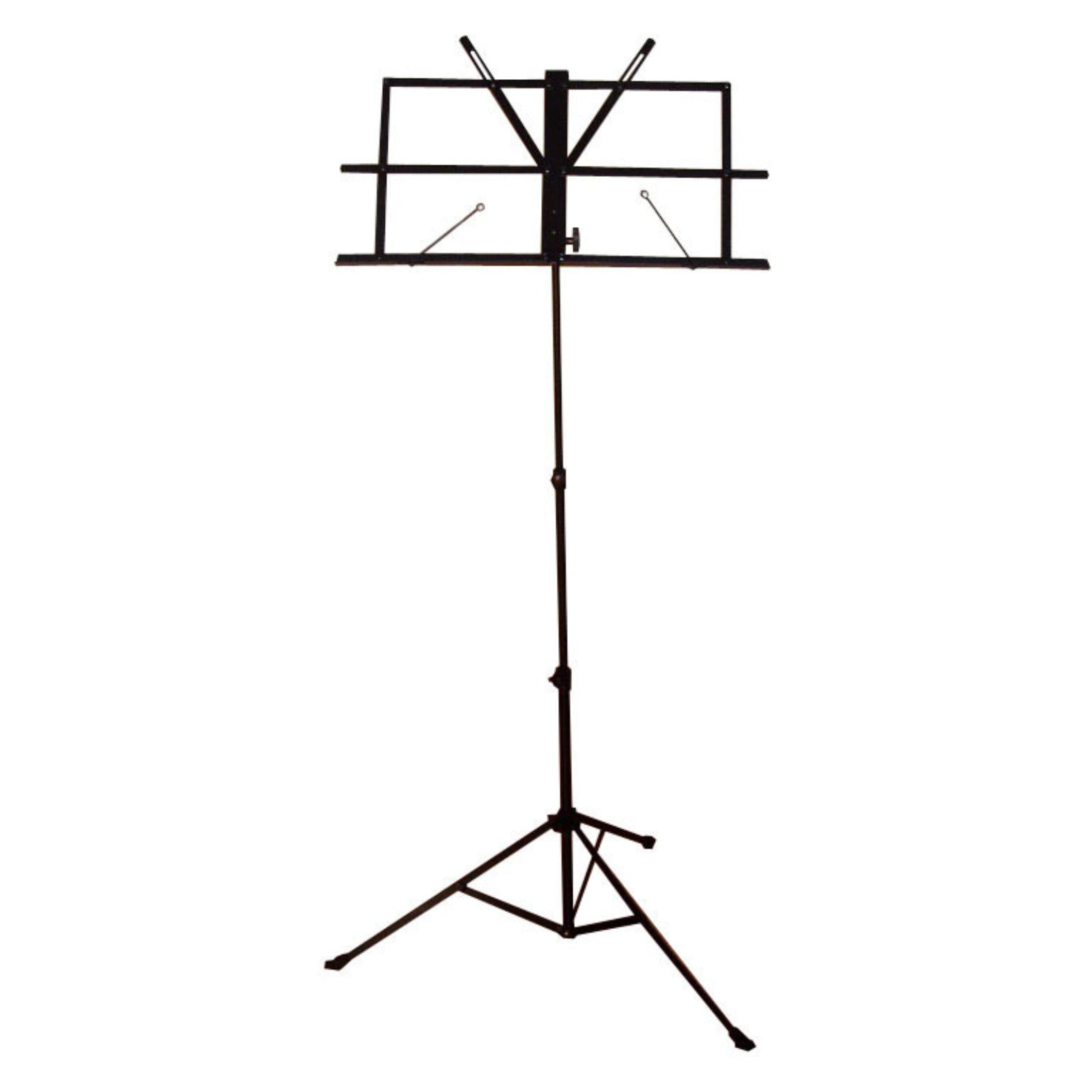 The Axiom Folding Music Stand by Axiom Music is a black, adjustable-height stand with a tripod base, featuring a foldable sheet holder with clips and convenient page holders.