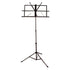 The Axiom Folding Music Stand by Axiom Music is a black, adjustable-height stand with a tripod base, featuring a foldable sheet holder with clips and convenient page holders.