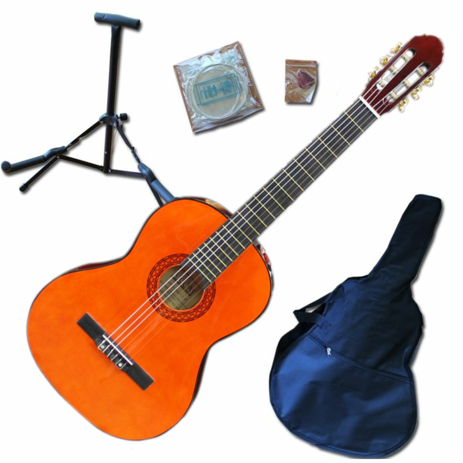 Axiom Musics Axiom Childrens Guitar Pack - 3/4 Size Natural features quality timbers, nylon strings, stand, extra strings, pick, and a black gig bag—all displayed on a white background.
