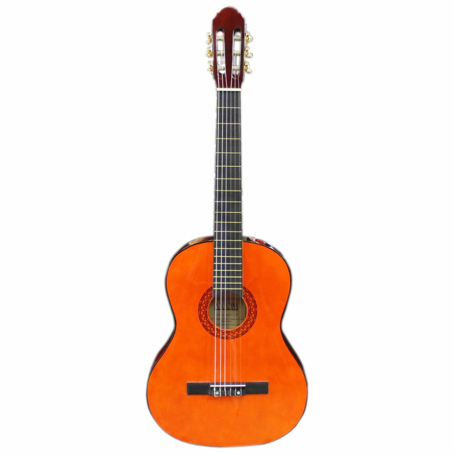 Axiom Musics Axiom Childrens Guitar Pack - 3/4 Size Natural features quality timbers, nylon strings, stand, extra strings, pick, and a black gig bag—all displayed on a white background.