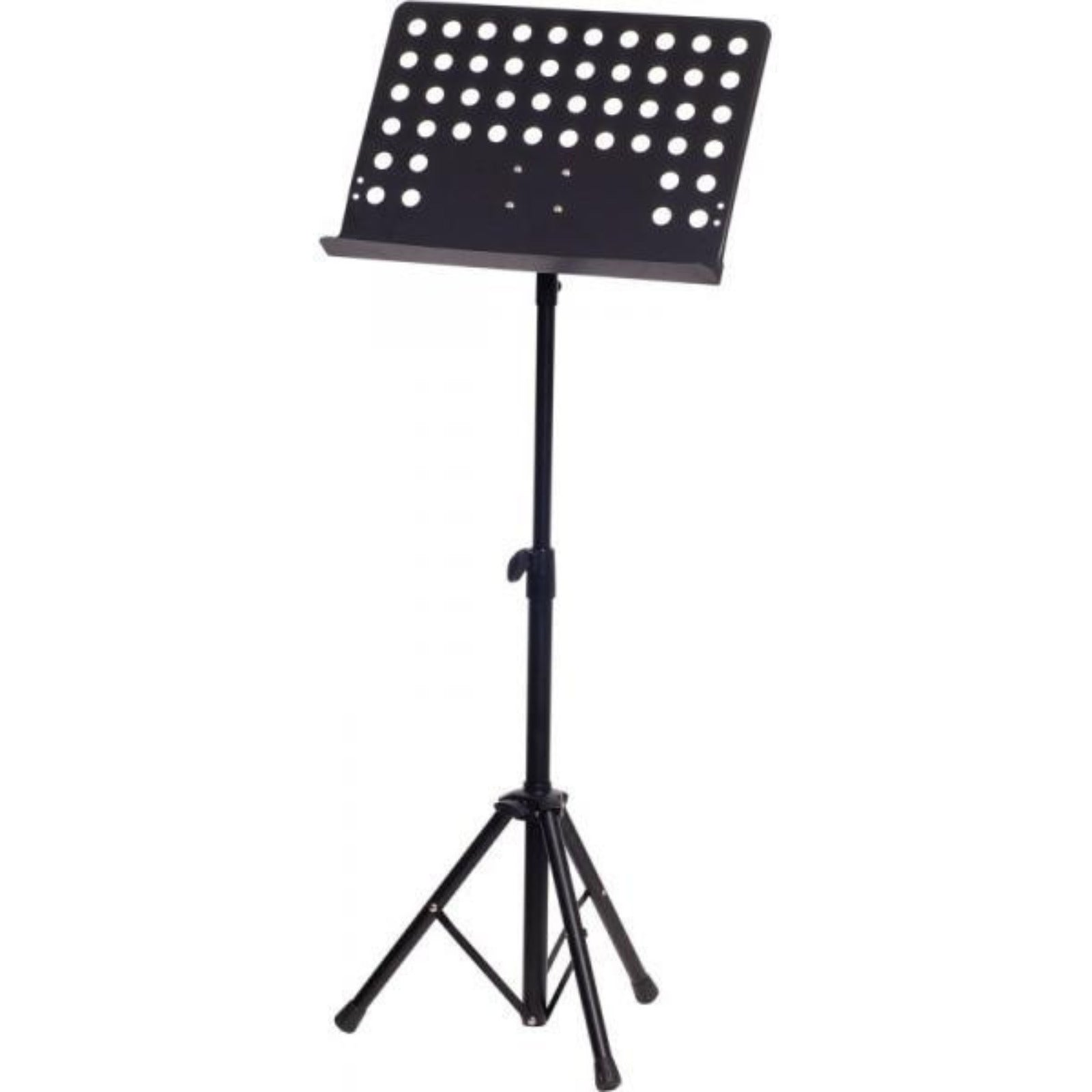 The Axiom Orchestral Music Stand by Axiom Music features a perforated sheet holder, adjustable height, and sturdy legs—ideal for professional orchestras.