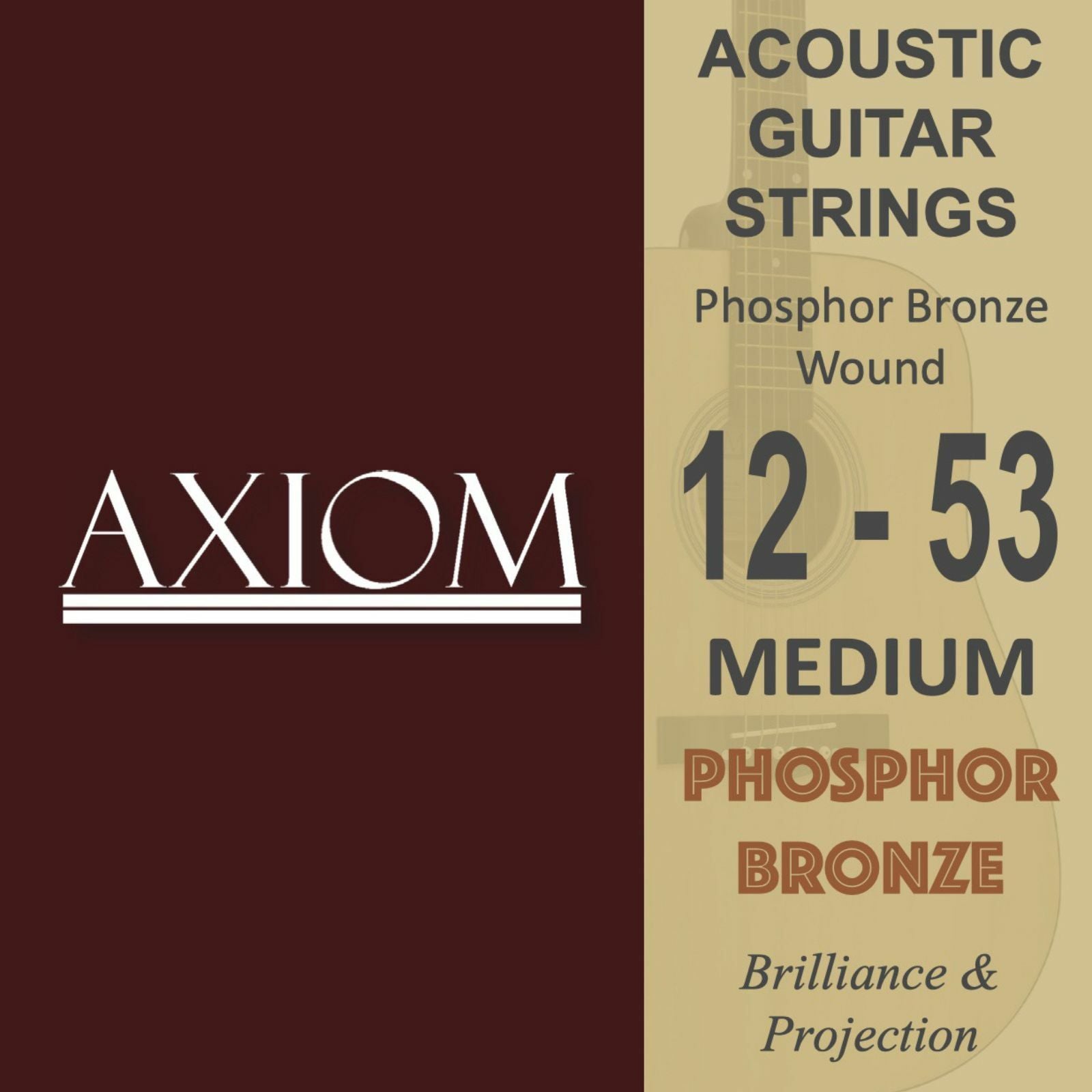 Axiom Musics Phosphor Bronze Acoustic Guitar Strings - Medium (12-53) offer a high-quality hex core for bright, crisp highs plus excellent brilliance and projection.