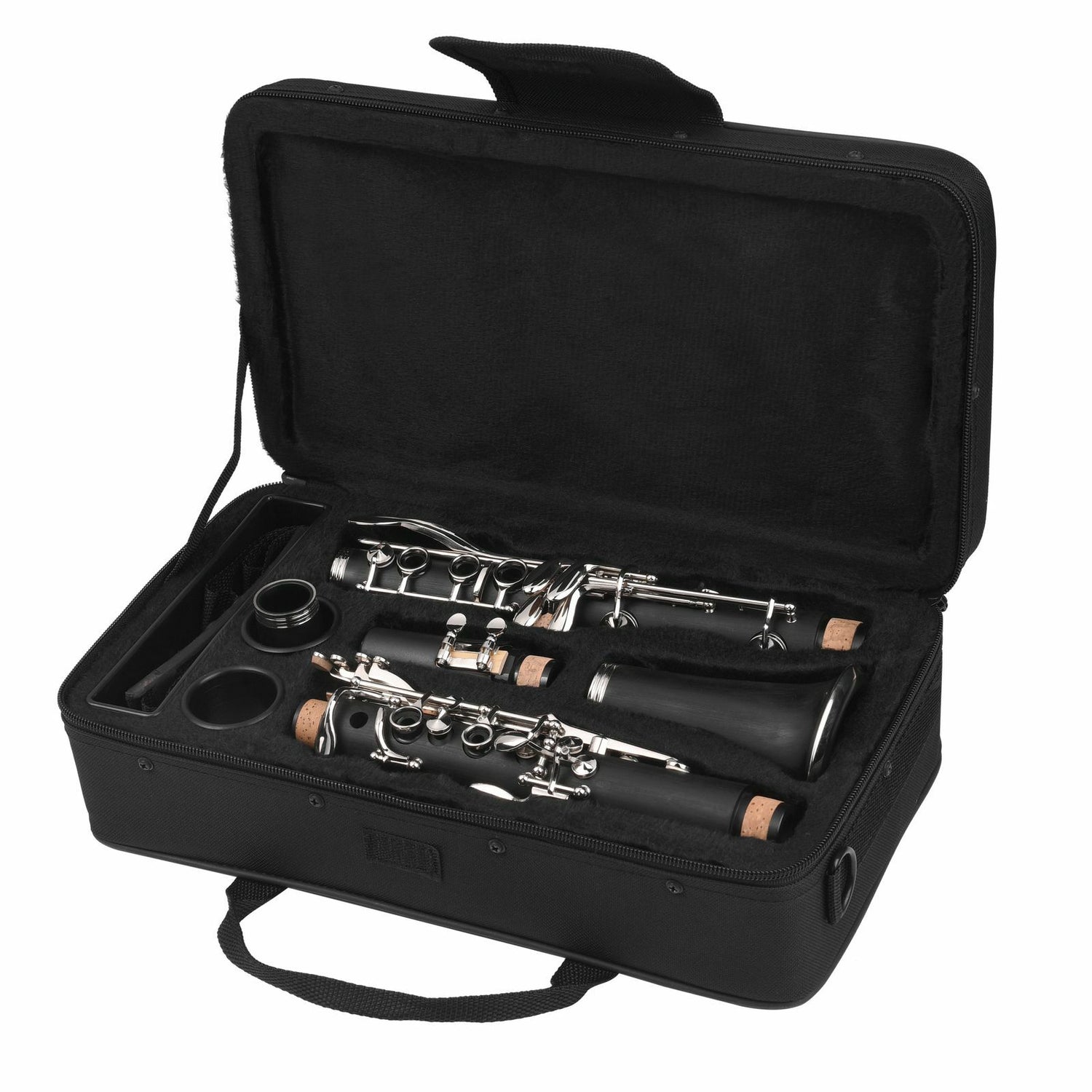 The Axiom Music Prelude Clarinet Outfit, a school band clarinet in black with silver keys and crafted from composite material, is displayed angled on a white background with its bell facing forward.